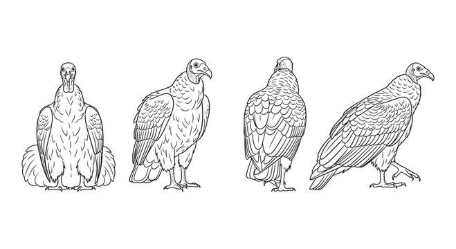 Vulture sketch collection: detailed line art of four vulture poses