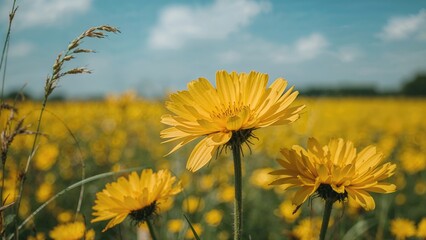 Sunny yellow flowers in a field with blue sky and clouds, vibrant nature scene, natural and peaceful landscape, capturing the beauty of blooming flowers in the outdoors