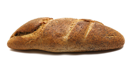 Fresh baked, loaf of buckwheat bread isolated on white, clipping path, side view