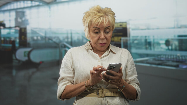 Senior hispanic woman holding smartphone with crossed arms at airport terminal checking and scrolling the screen; concern.