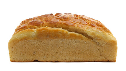 Fresh baked, loaf of homemade wheat bread isolated on white, clipping path, side view