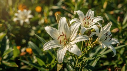 Fototapeta premium White lilies blooming in a garden with green foliage and some orange flowers in the background.