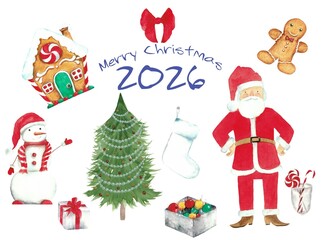 Festive Christmas clipart set with Santa, gingerbread elements, tree, candies, and “Merry Christmas 2026” lettering. Perfect for cards, planners, prints, and holiday designs.