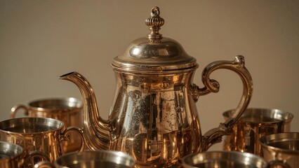 Vintage silver teapot with matching cups, antique design, and ornate details.