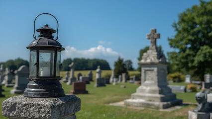 Obraz premium Old image name: 7676 A lantern on a stone pedestal in a cemetery with gravestones and crosses in the background. Memorial and remembrance theme. Outdoor setting with trees and blue sky.