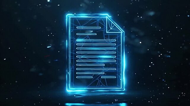 A neon blue outline of a document page with lines of text hovers in a dark, abstract space with floating particles and light effects.
