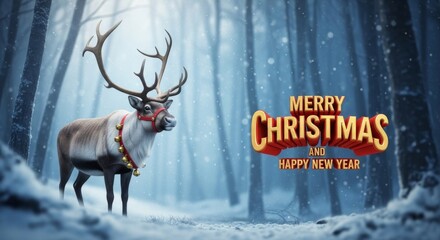Reindeer in Snowy Winter Forest - A festive reindeer adorned with bells stands in a snowy forest scene with 'Merry Christmas and Happy New Year' text overlay
