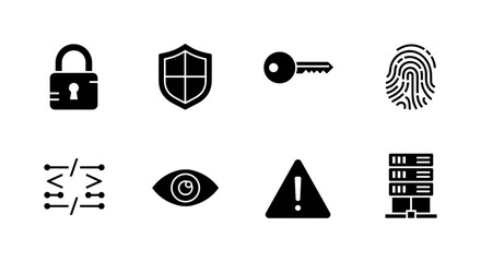 Security icons set: lock, shield, key, fingerprint, circuit, eye, warning, server symbols