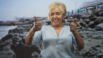 Woman shows both thumbs up in studio with bracelets and rings on her hands, smiling broadly at camera; approval.