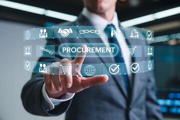 Businessman touches procurement button on futuristic digital interface