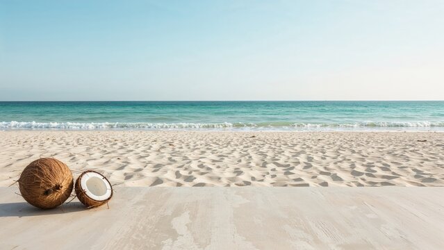Coconut on the beach with the ocean and sky in the background. Summertime, relaxation, tropical vacation, nature, leisure, coastline.