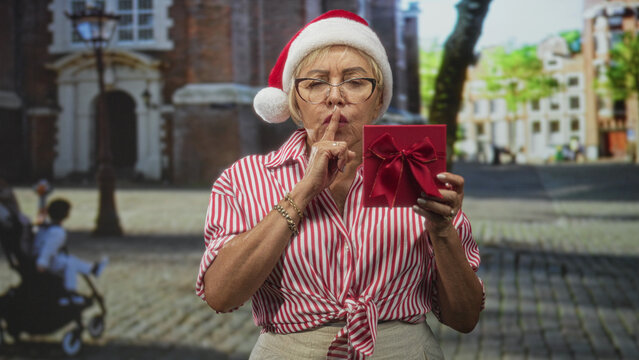 Senior woman in santa hat and glasses, wearing red striped shirt, holds red gift box while pressing finger to lips on a cobblestone street; playful secret.