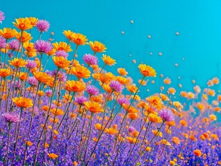 purple and yellow blooming flowers against bright blue sky. Spring summer blossom concept. Vintage romantic art