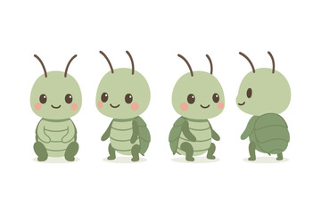 Obraz premium Cute cartoon insect character set with green bugs in various views
