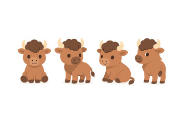 Obraz premium Cute cartoon bison set: adorable animal characters in flat design