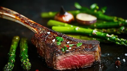 Freshly cooked steak served with asparagus and garlic, perfect for a romantic dinner or a special occasion