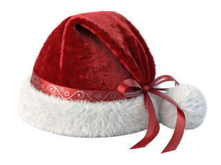 Red santa hat with white trim and ribbon isolated on transparent background