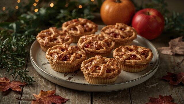 Freshly baked apple cinnamon muffins on a plate with apples and fall leaves, evoking a cozy autumn atmosphere.