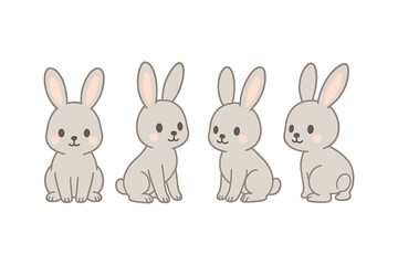 Fototapeta premium Cute cartoon bunnies in various sitting poses on white background