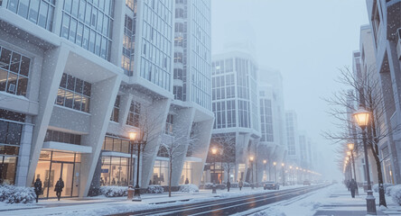 Obraz premium Foggy snowy city with modern glass buildings. Winter mist covering futuristic urban street. Snowy cold cityscape in soft morning fog. Frosty urban avenue fading into winter haze