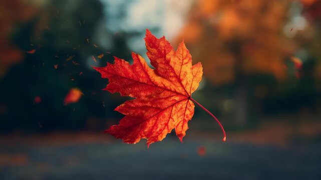 Vibrant red autumn leaf in mid-air against blurred fall background