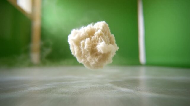 Levitating Food Creation: A close-up view presents an artistic culinary display featuring a fluffy cloud-like food item suspended mid-air, surrounded by ethereal mist against a bold green backdrop.