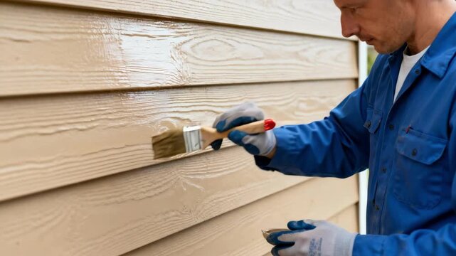 Medium shot showing a maintenance professional sealing wooden siding protecting it against moisture and weather damage for durability.
