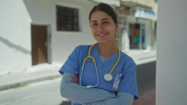 Young hispanic woman doctor in blue uniform crosses arms while holding yellow stethoscope in sunlit street; rejection.