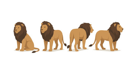 Group of lions in various poses on white background