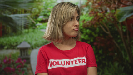 Woman in volunteer shirt turns head and gazes aside at leafy green park with dense foliage and...