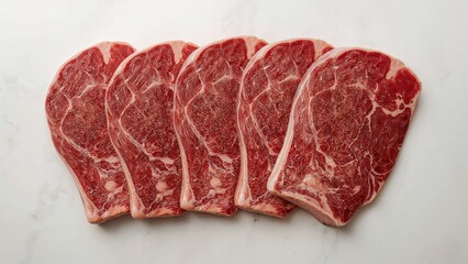 Obraz premium Five raw beef steaks laid out on a white surface.