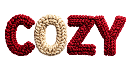 The word "Cozy" is crafted from thick, chunky yarn, with letters in vibrant red and warm beige tones on transparent background
