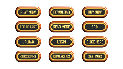 Black Wooden Frame Buttons with Gold Text – 3D Vector UI Button Set