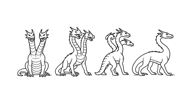 Set of linear two-headed dragons in various positions on white background