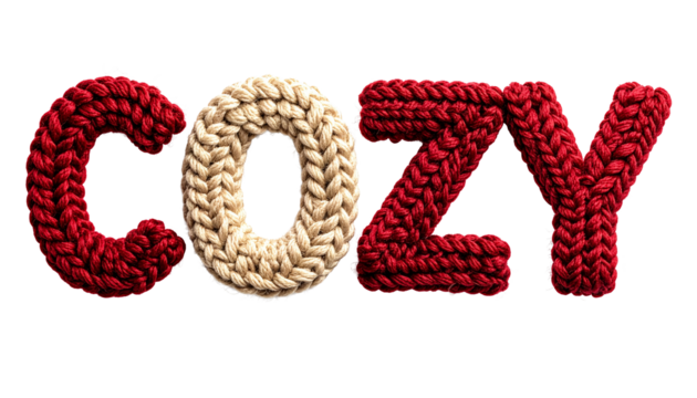 The word "Cozy" is crafted from thick, chunky yarn, with letters in vibrant red and warm beige tones on transparent background