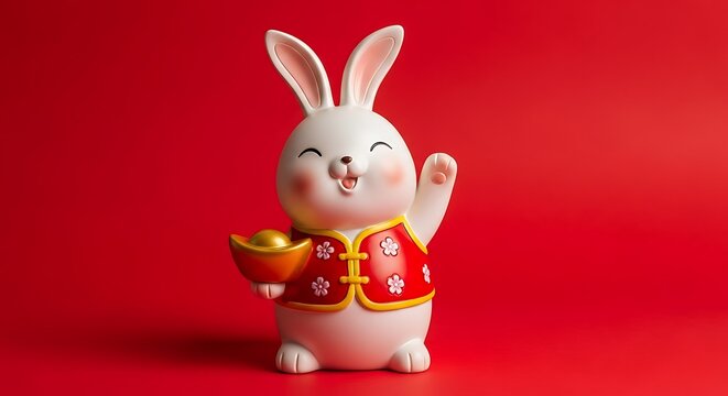 Cute rabbit figurine holding gold ingot celebrates chinese new year - Powered by Adobe