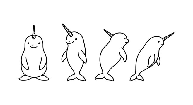 Cute narwhal line art set in different views