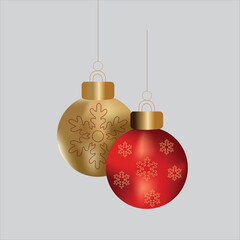 Two christmas balls with snowflake pattern hanging on a gray background