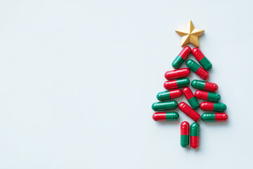 Christmas tree concept made from red and green medication capsules with golden star on light background for holiday health care design and creative seasonal concepts
