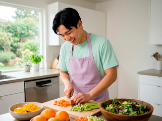 A smiling young asian man wearing a pink apron chops fresh carrots and celery on a cutting board in a bright, modern kitchen, preparing a healthy salad for dinner