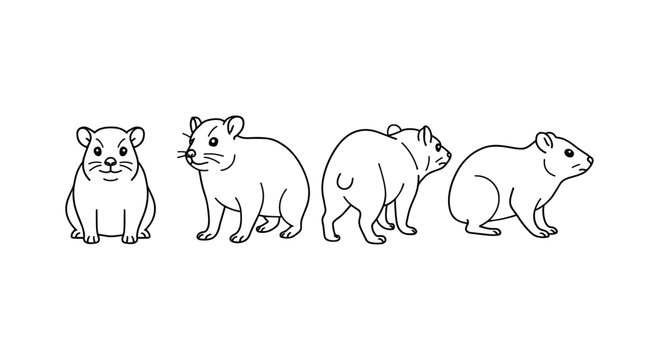 Outline set of hamsters in various poses - cute rodent animal line art collection