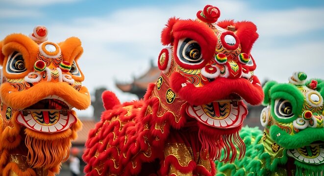 Three colorful lion dance heads celebrate chinese new year with vibrant hues