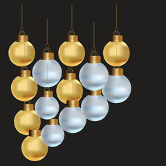 Elegant christmas ornaments in gold and silver tones against a dark backdrop