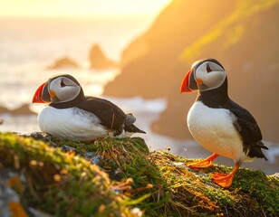 Two puffins perch on a mossy cliffside bathed in warm golden sunlight from the setting sun, with ocean and distant rocks