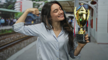 Young hispanic woman holding large gold trophy and flexing bare bicep on street near train; victory...
