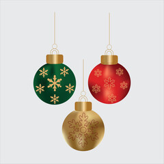Three christmas ornaments in red, green and gold colors on a gray background