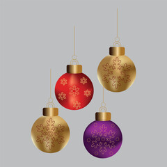 Four christmas ornaments in gold, red and purple colors on a gray background