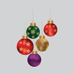 Colorful christmas balls with snowflake pattern hanging on light gray background