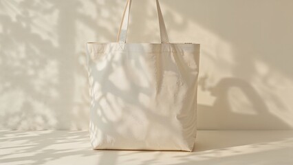 Plain canvas bag with long handles on a light background, natural lighting. Eco-friendly tote bag, reusable shopping bag, sustainable and minimalist design.