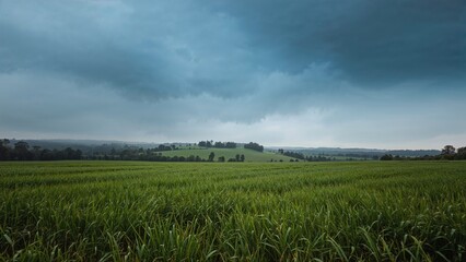 Open field of green grass under dark, cloudy sky with storm clouds forming in the background.